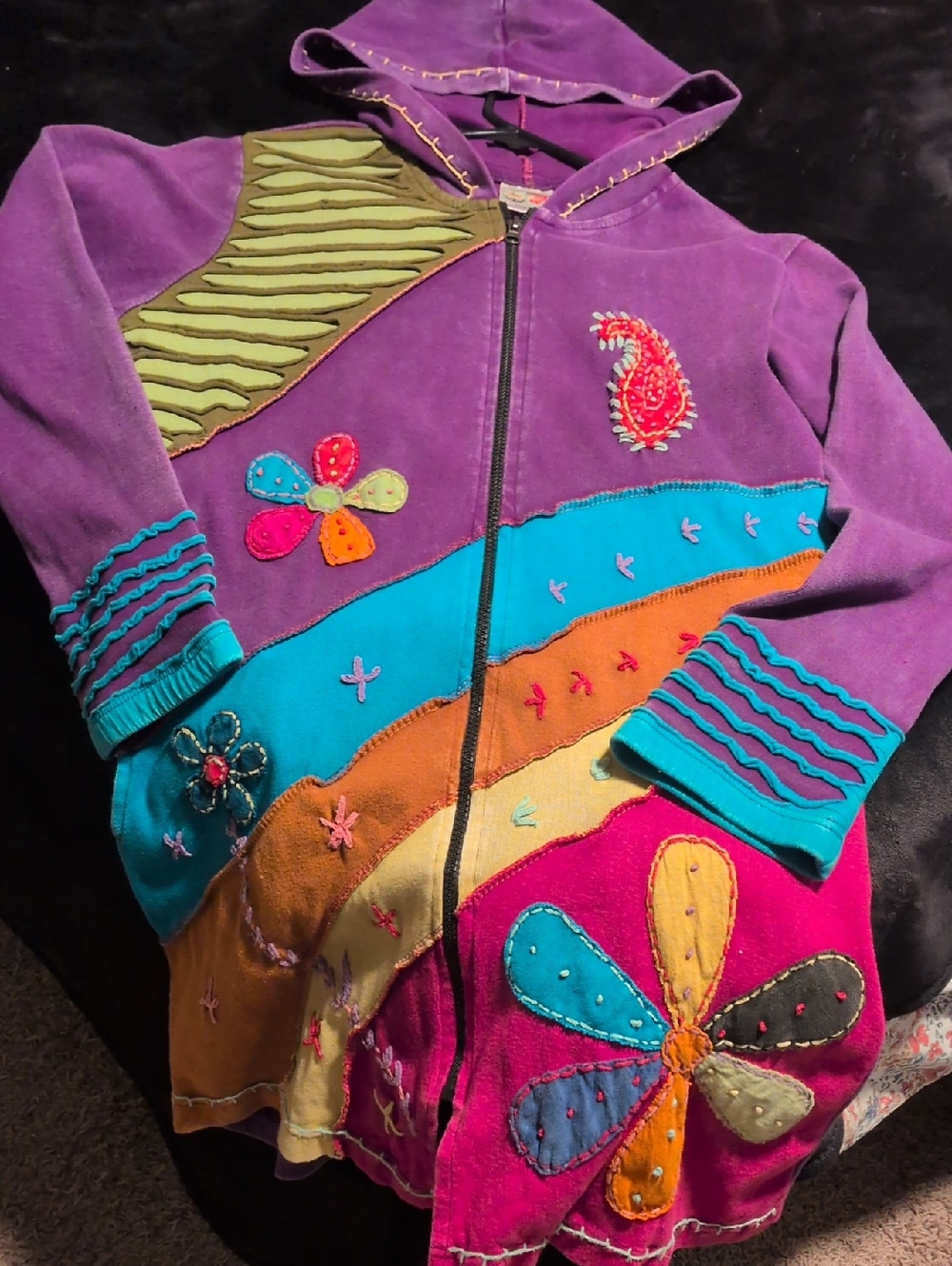Colorful Floral Patchwork Hooded Zip Jacket - Purple, Teal, Pink